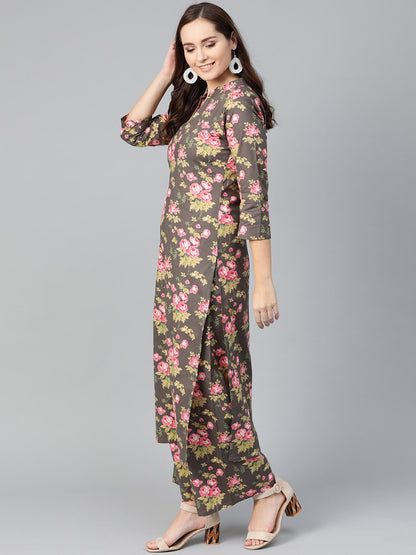 Women Grey & Pink Straight Floral Printed Kurta And Palazzos Set | LASVINI - Redefining Indian Fashion with Elegance