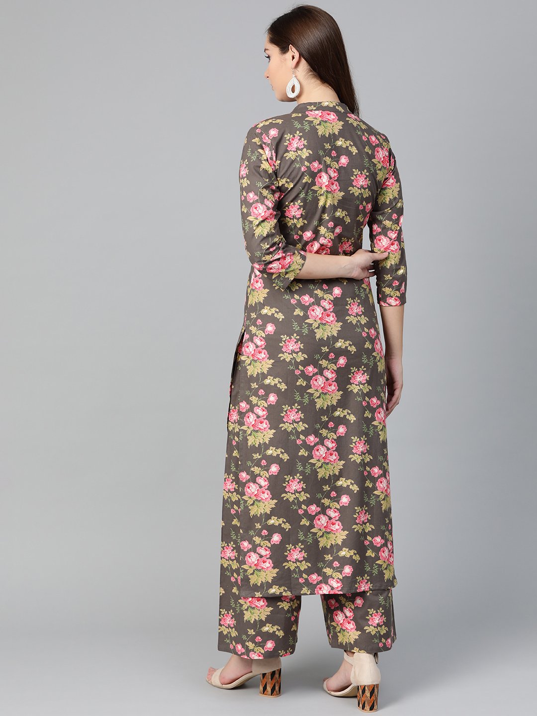 Women Grey & Pink Straight Floral Printed Kurta And Palazzos Set | LASVINI - Redefining Indian Fashion with Elegance