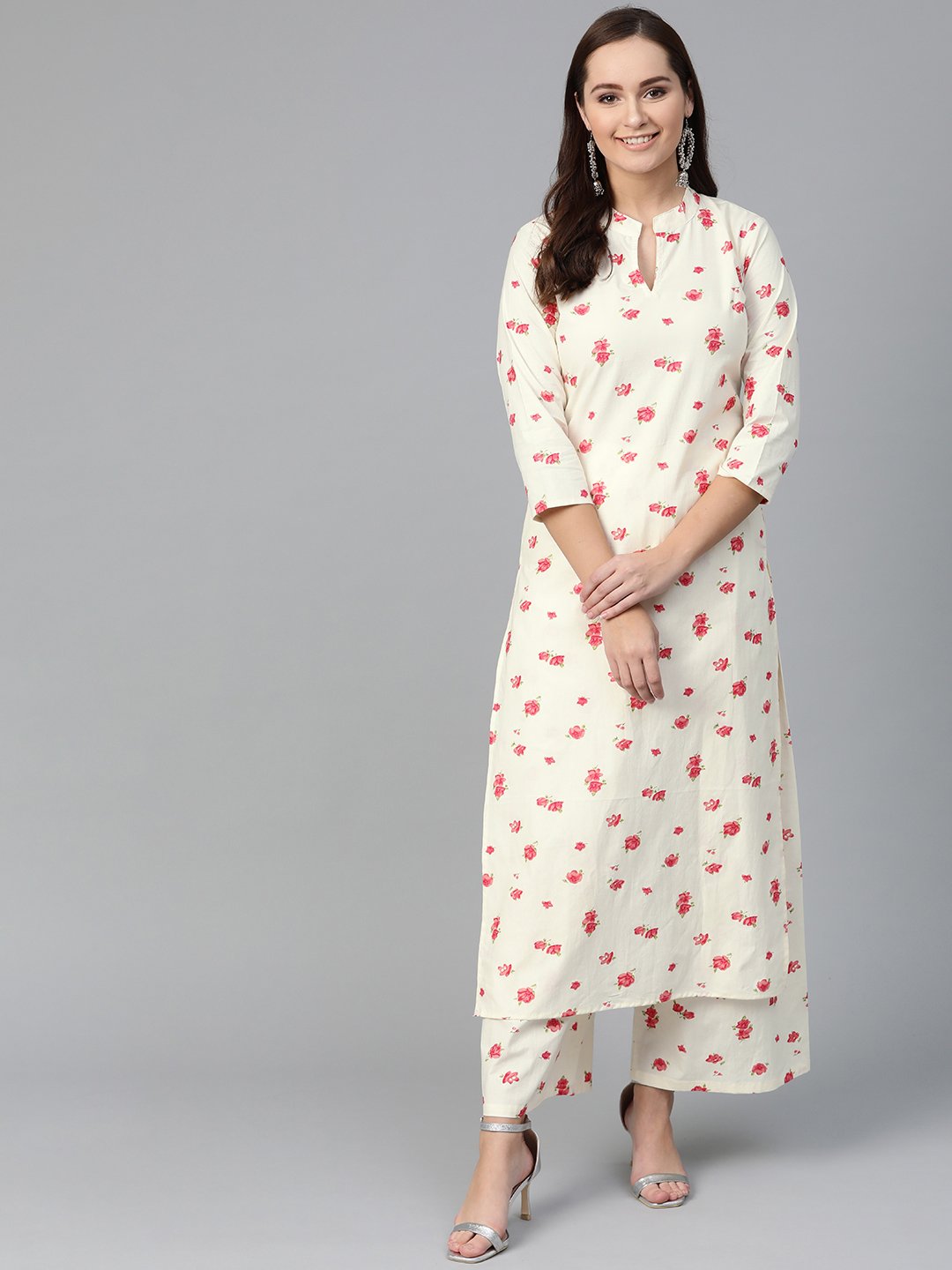 Women Off White & Peach Straight Floral Printed Kurta And Palazzos Set | LASVINI - Redefining Indian Fashion with Elegance