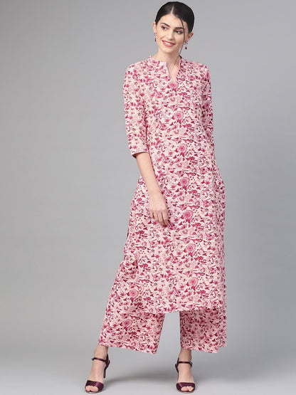 Women Pink & Burgundy Straight Floral Printed Kurta And Palazzos Set | LASVINI - Redefining Indian Fashion with Elegance
