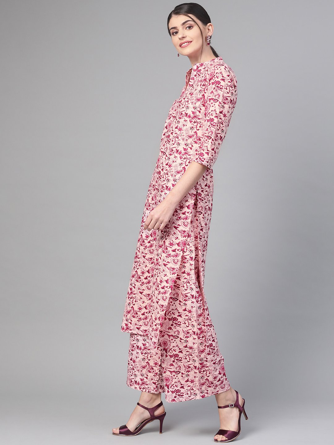 Women Pink & Burgundy Straight Floral Printed Kurta And Palazzos Set | LASVINI - Redefining Indian Fashion with Elegance