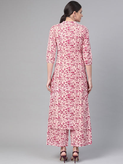 Women Pink & Burgundy Straight Floral Printed Kurta And Palazzos Set | LASVINI - Redefining Indian Fashion with Elegance