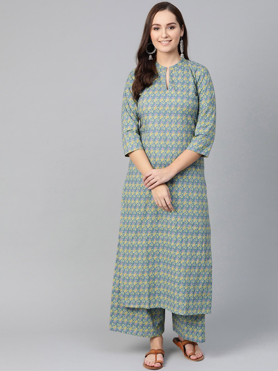 Women Teal & Green Straight Floral Printed Kurta And Palazzos Set | LASVINI - Redefining Indian Fashion with Elegance