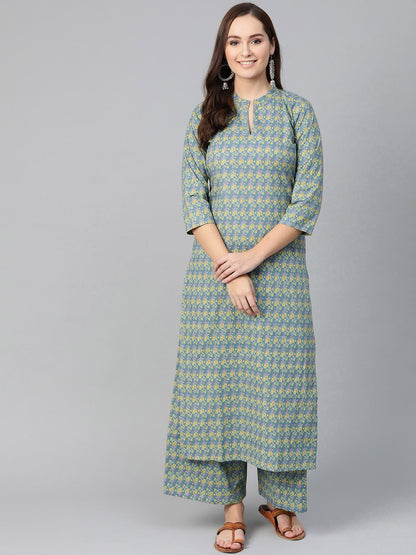 Women Teal & Green Straight Floral Printed Kurta And Palazzos Set | LASVINI - Redefining Indian Fashion with Elegance