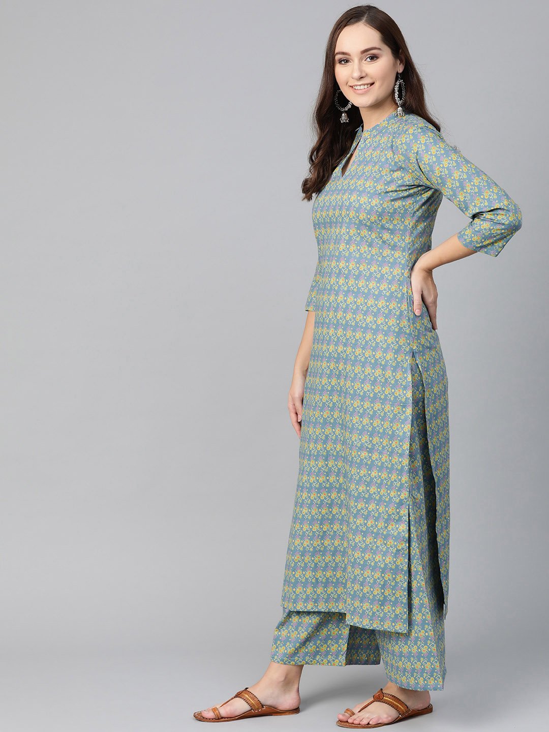 Women Teal & Green Straight Floral Printed Kurta And Palazzos Set | LASVINI - Redefining Indian Fashion with Elegance