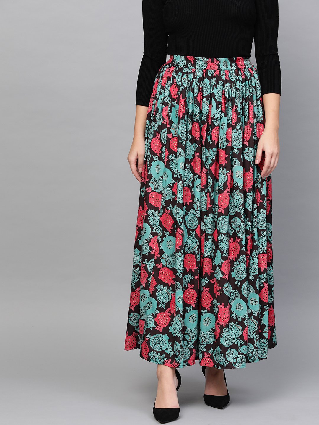 Women Black & Green Floral Printed Flared Skirt | LASVINI - Redefining Indian Fashion with Elegance