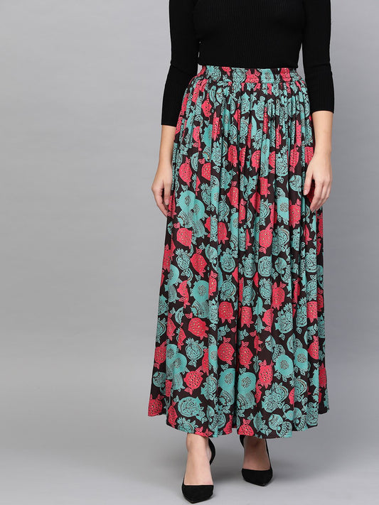 Women Black & Green Floral Printed Flared Skirt | LASVINI - Redefining Indian Fashion with Elegance