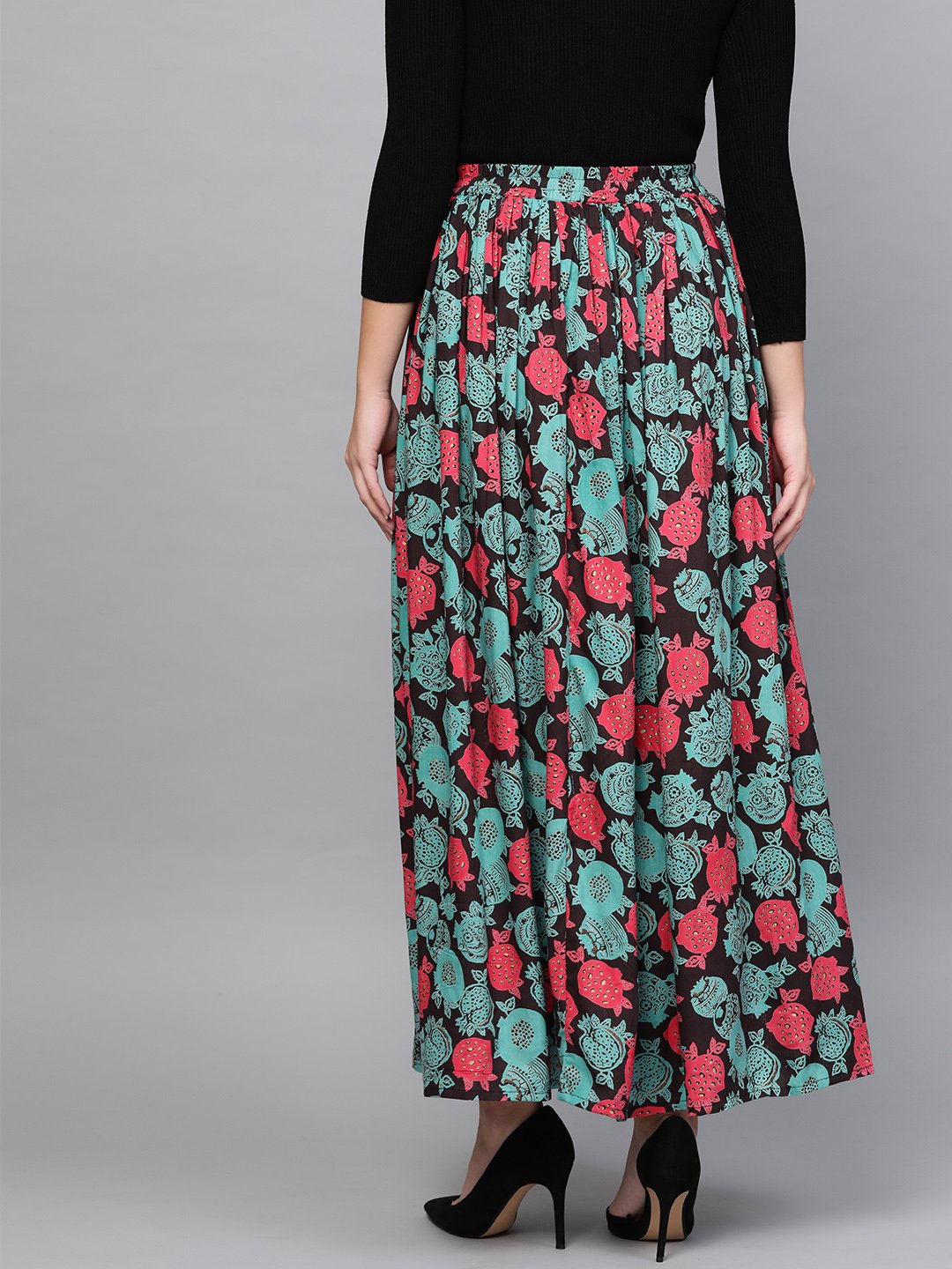 Women Black & Green Floral Printed Flared Skirt | LASVINI - Redefining Indian Fashion with Elegance