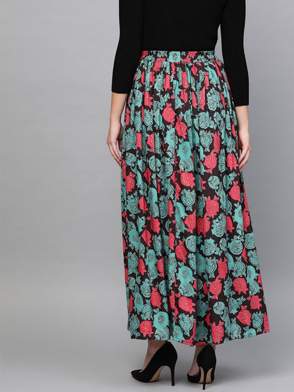 Women Black & Green Floral Printed Flared Skirt | LASVINI - Redefining Indian Fashion with Elegance