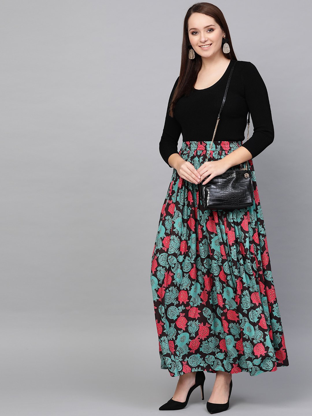 Women Black & Green Floral Printed Flared Skirt | LASVINI - Redefining Indian Fashion with Elegance