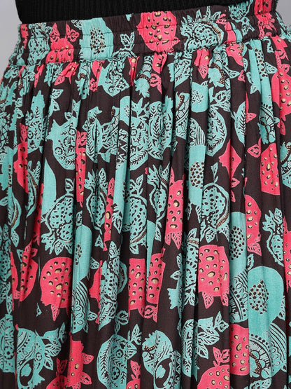 Women Black & Green Floral Printed Flared Skirt | LASVINI - Redefining Indian Fashion with Elegance