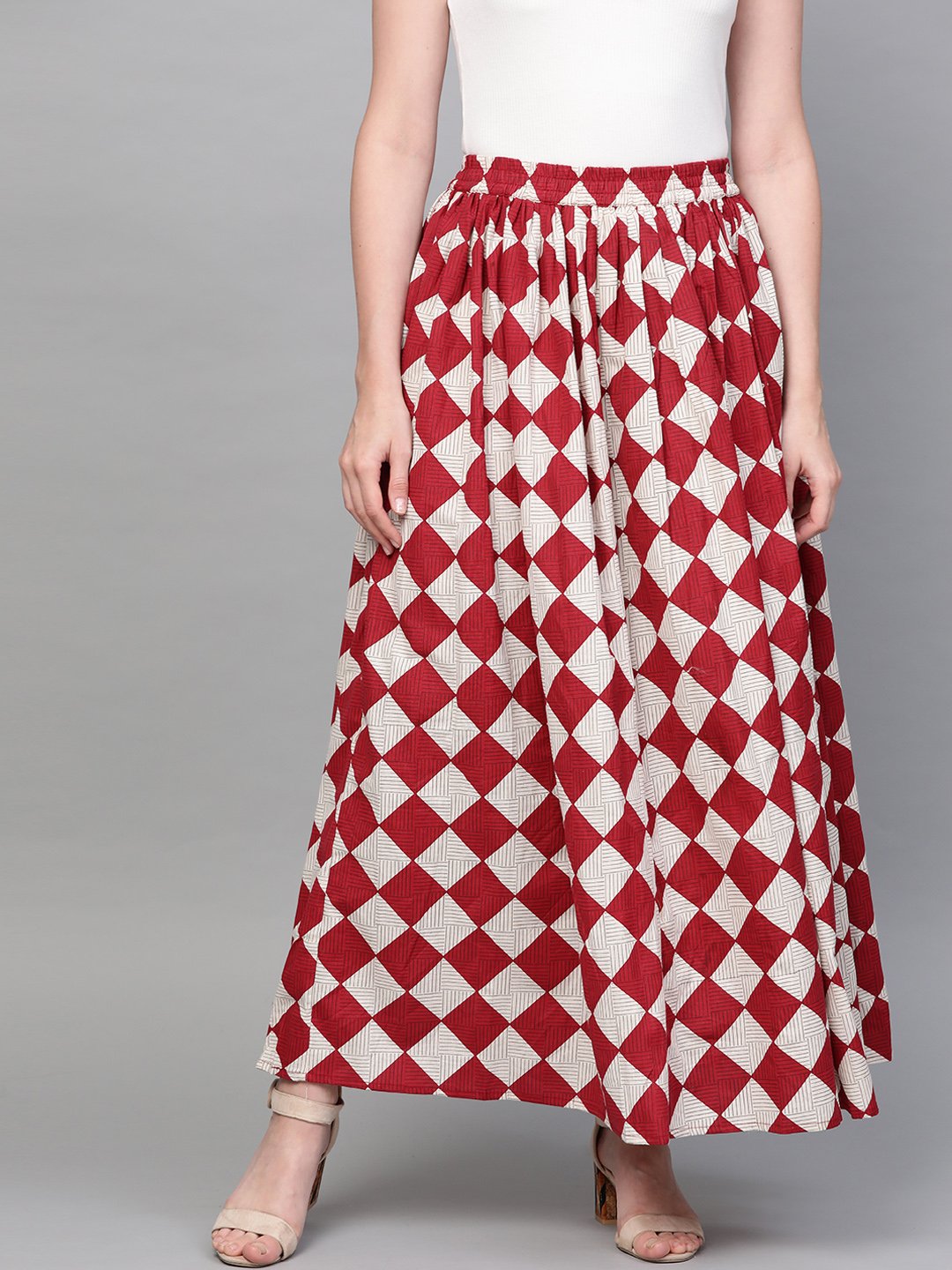 Women Maroon & White Checkerd Printed Flared Skirt | LASVINI - Redefining Indian Fashion with Elegance