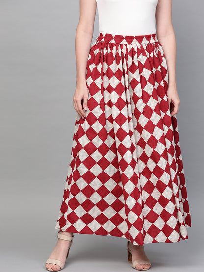 Women Maroon & White Checkerd Printed Flared Skirt | LASVINI - Redefining Indian Fashion with Elegance