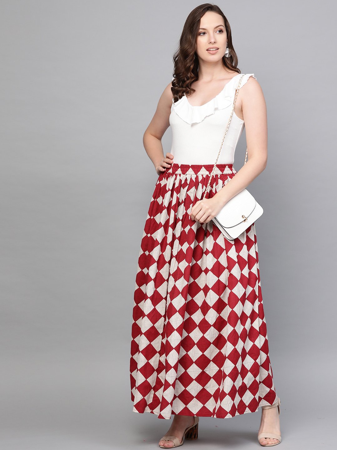 Women Maroon & White Checkerd Printed Flared Skirt | LASVINI - Redefining Indian Fashion with Elegance