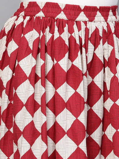 Women Maroon & White Checkerd Printed Flared Skirt | LASVINI - Redefining Indian Fashion with Elegance