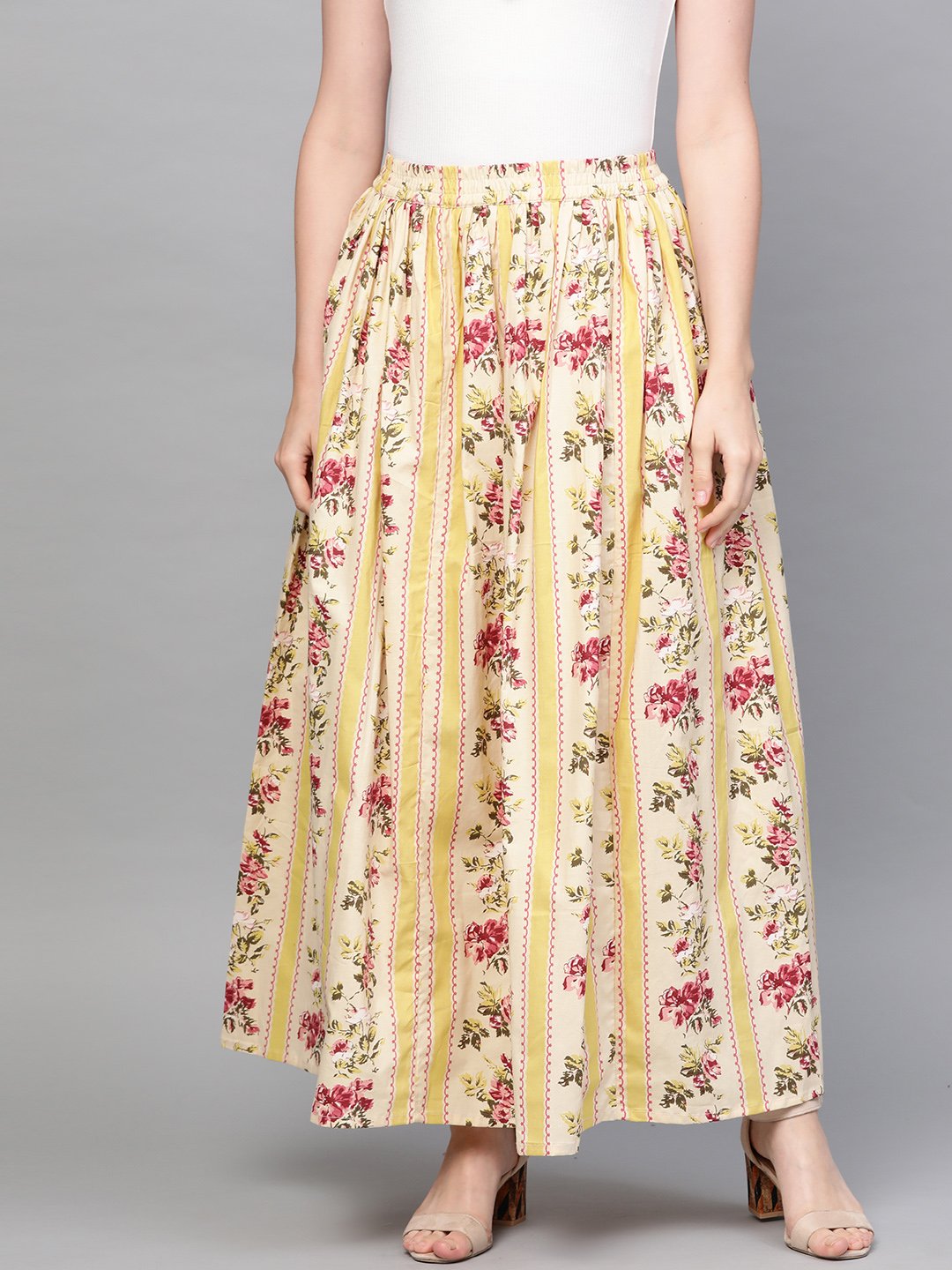 Women Yellow & Pink Floral Printed Flared Skirt | LASVINI - Redefining Indian Fashion with Elegance