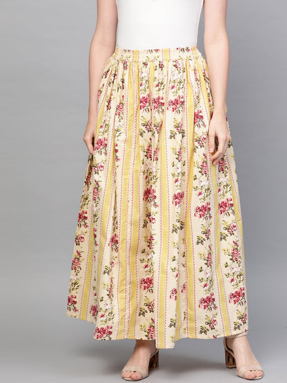 Women Yellow & Pink Floral Printed Flared Skirt | LASVINI - Redefining Indian Fashion with Elegance