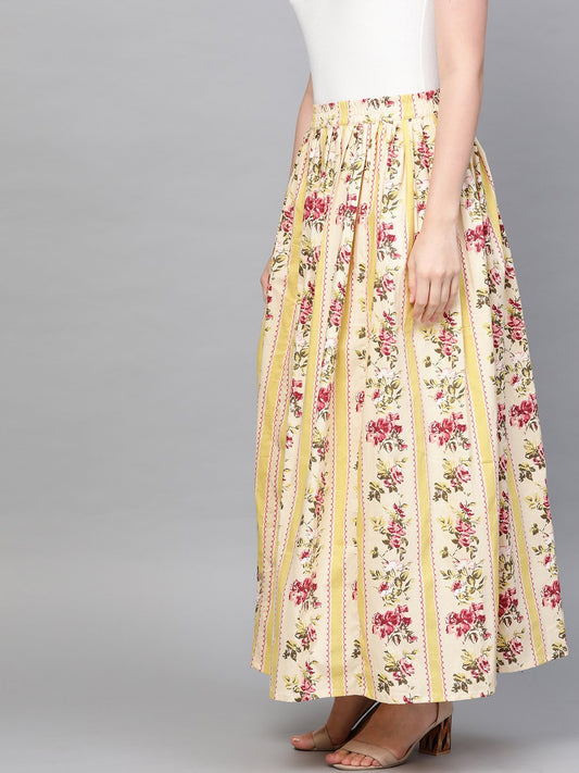 Women Yellow & Pink Floral Printed Flared Skirt | LASVINI - Redefining Indian Fashion with Elegance
