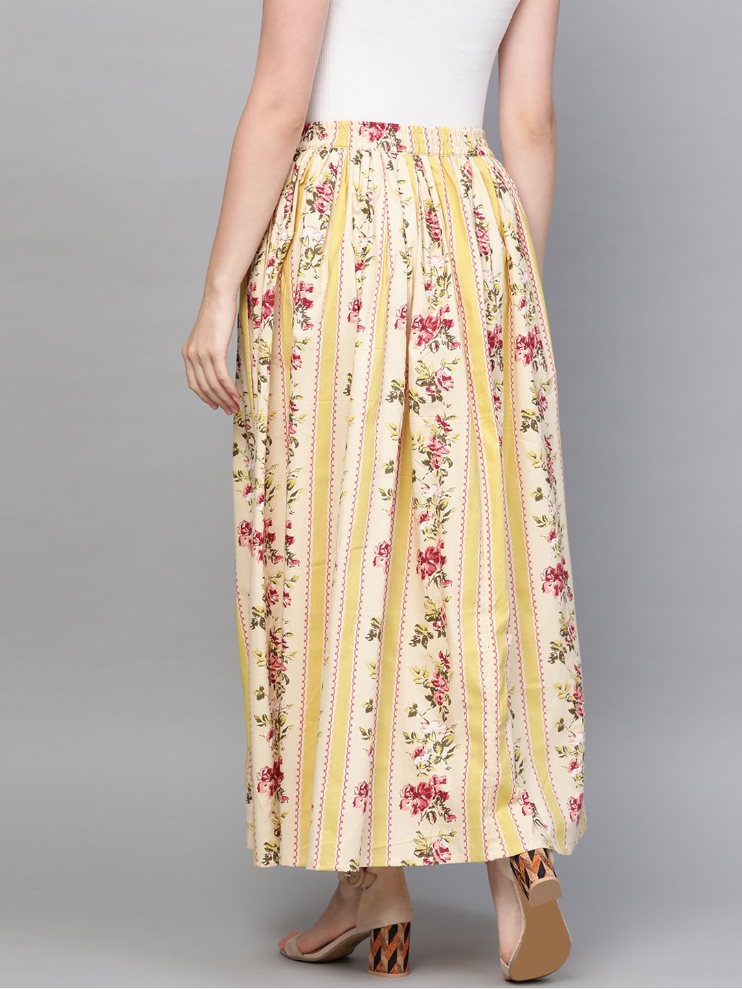Women Yellow & Pink Floral Printed Flared Skirt | LASVINI - Redefining Indian Fashion with Elegance