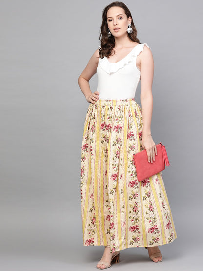Women Yellow & Pink Floral Printed Flared Skirt | LASVINI - Redefining Indian Fashion with Elegance
