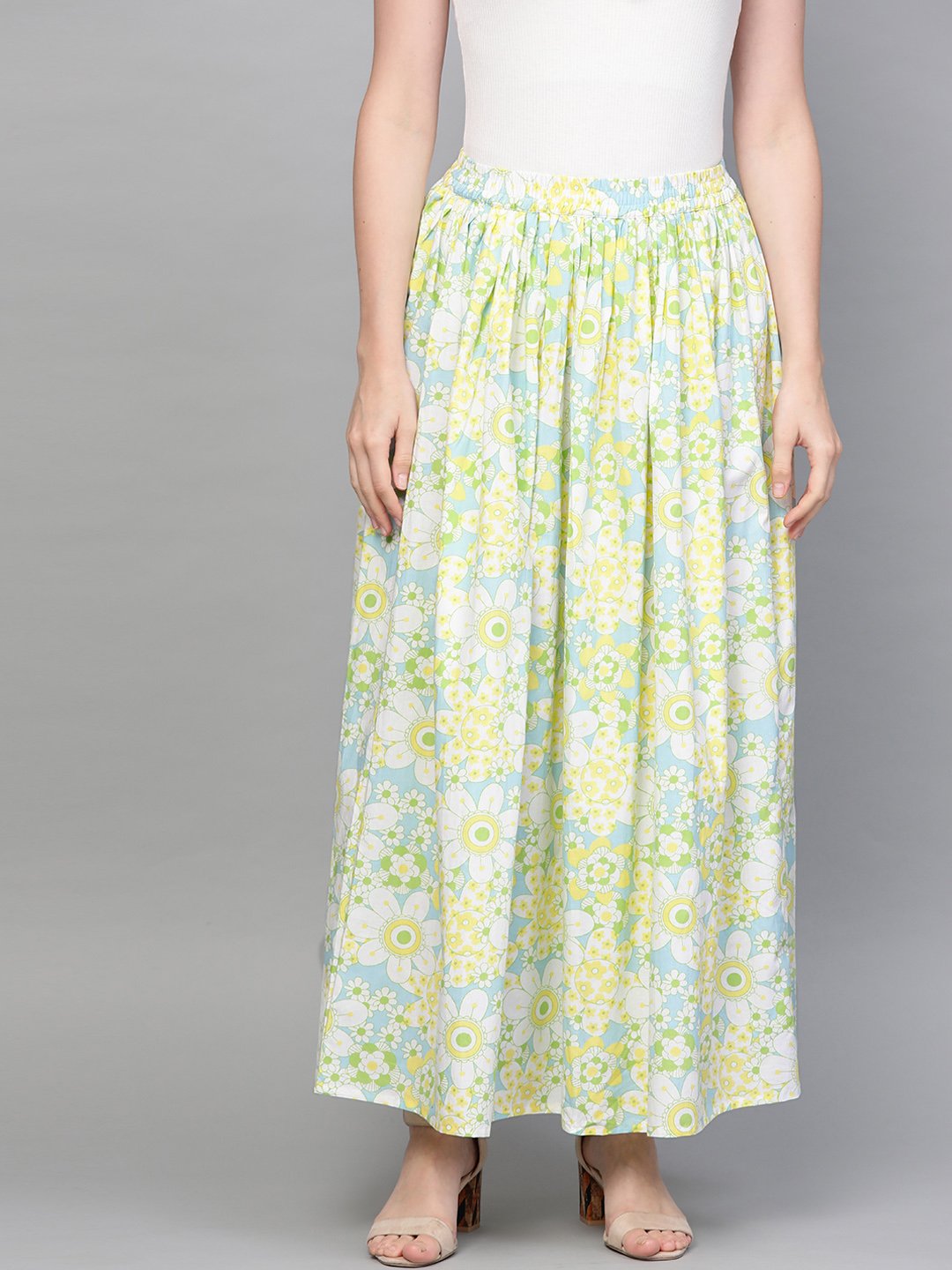 Women Blue & Yellow Floral Printed Flared Skirt | LASVINI - Redefining Indian Fashion with Elegance