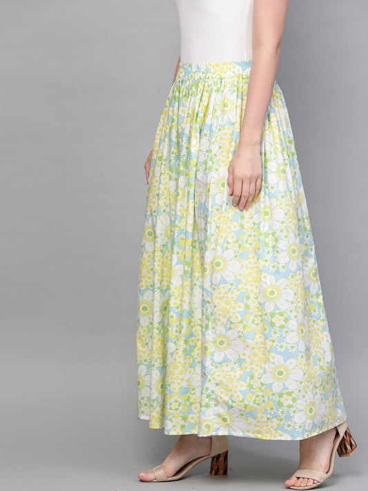 Women Blue & Yellow Floral Printed Flared Skirt | LASVINI - Redefining Indian Fashion with Elegance