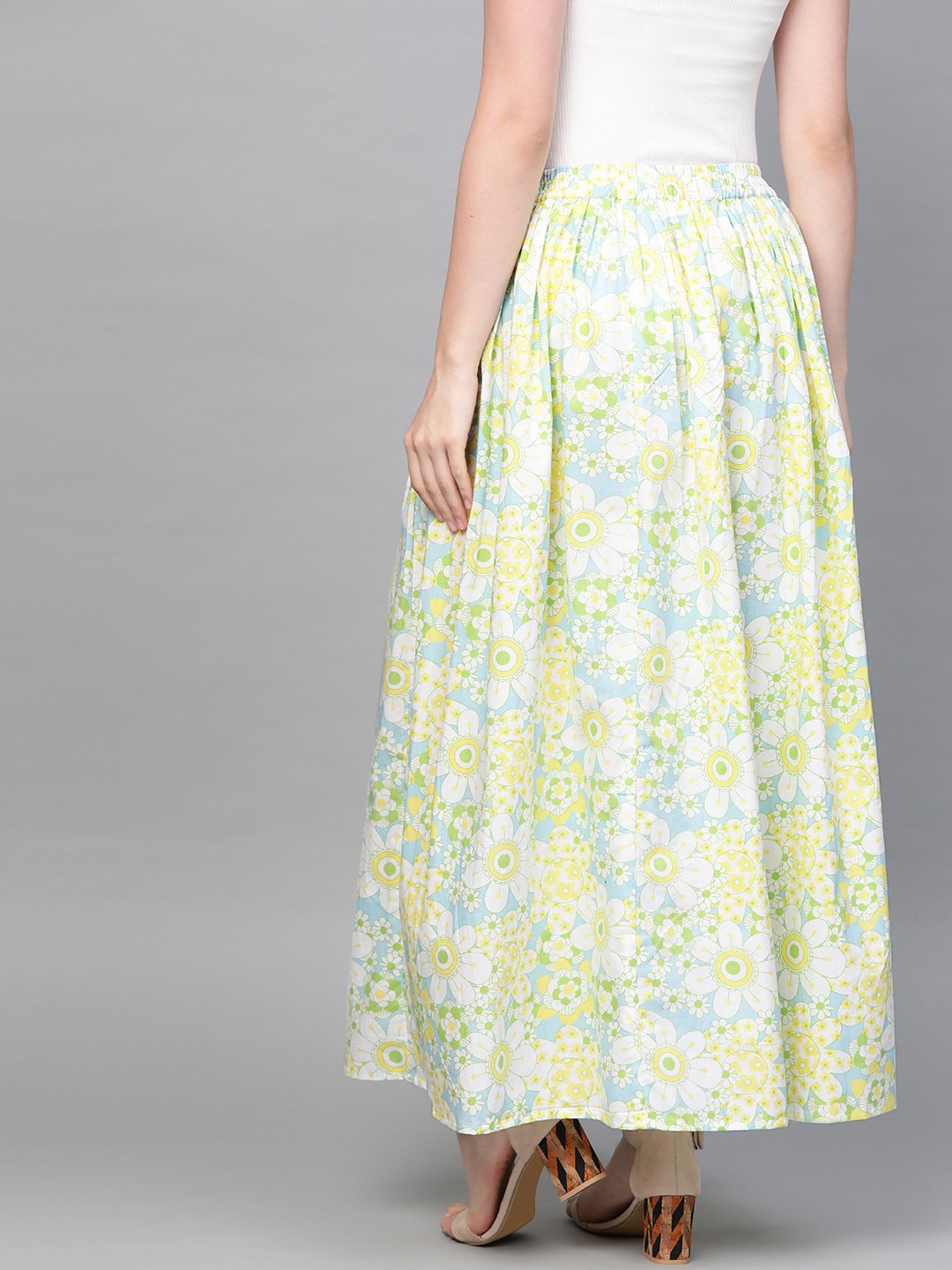 Women Blue & Yellow Floral Printed Flared Skirt | LASVINI - Redefining Indian Fashion with Elegance