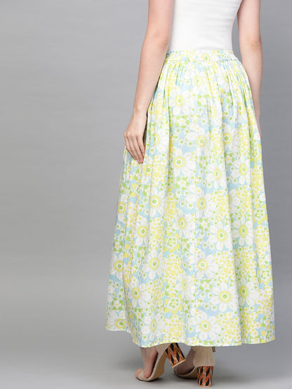 Women Blue & Yellow Floral Printed Flared Skirt | LASVINI - Redefining Indian Fashion with Elegance