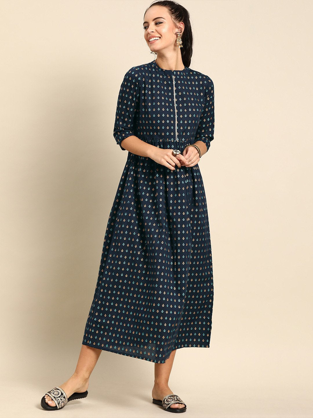 Women Navy Blue Ethnic Motifs Printed Mandarin Collar A-Line Dress | LASVINI - Redefining Indian Fashion with Elegance