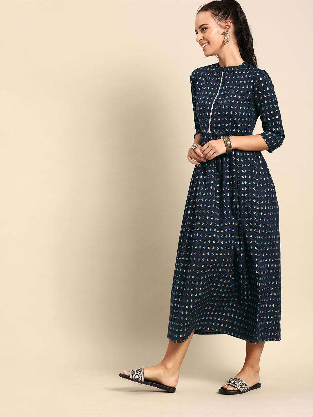 Women Navy Blue Ethnic Motifs Printed Mandarin Collar A-Line Dress | LASVINI - Redefining Indian Fashion with Elegance