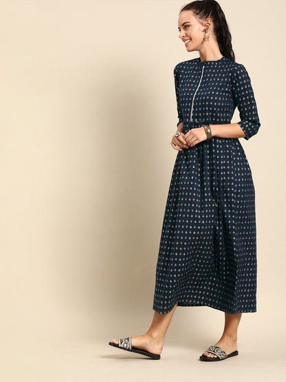 Women Navy Blue Ethnic Motifs Printed Mandarin Collar A-Line Dress | LASVINI - Redefining Indian Fashion with Elegance