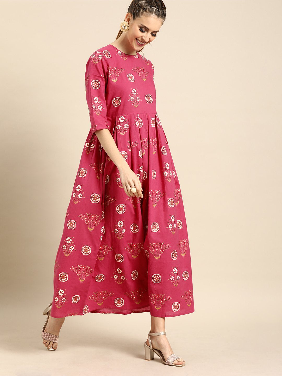 Women Magenta Floral Printed Round Neck A-Line Dress | LASVINI - Redefining Indian Fashion with Elegance