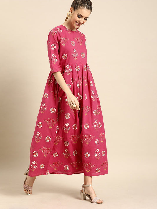 Women Magenta Floral Printed Round Neck A-Line Dress | LASVINI - Redefining Indian Fashion with Elegance
