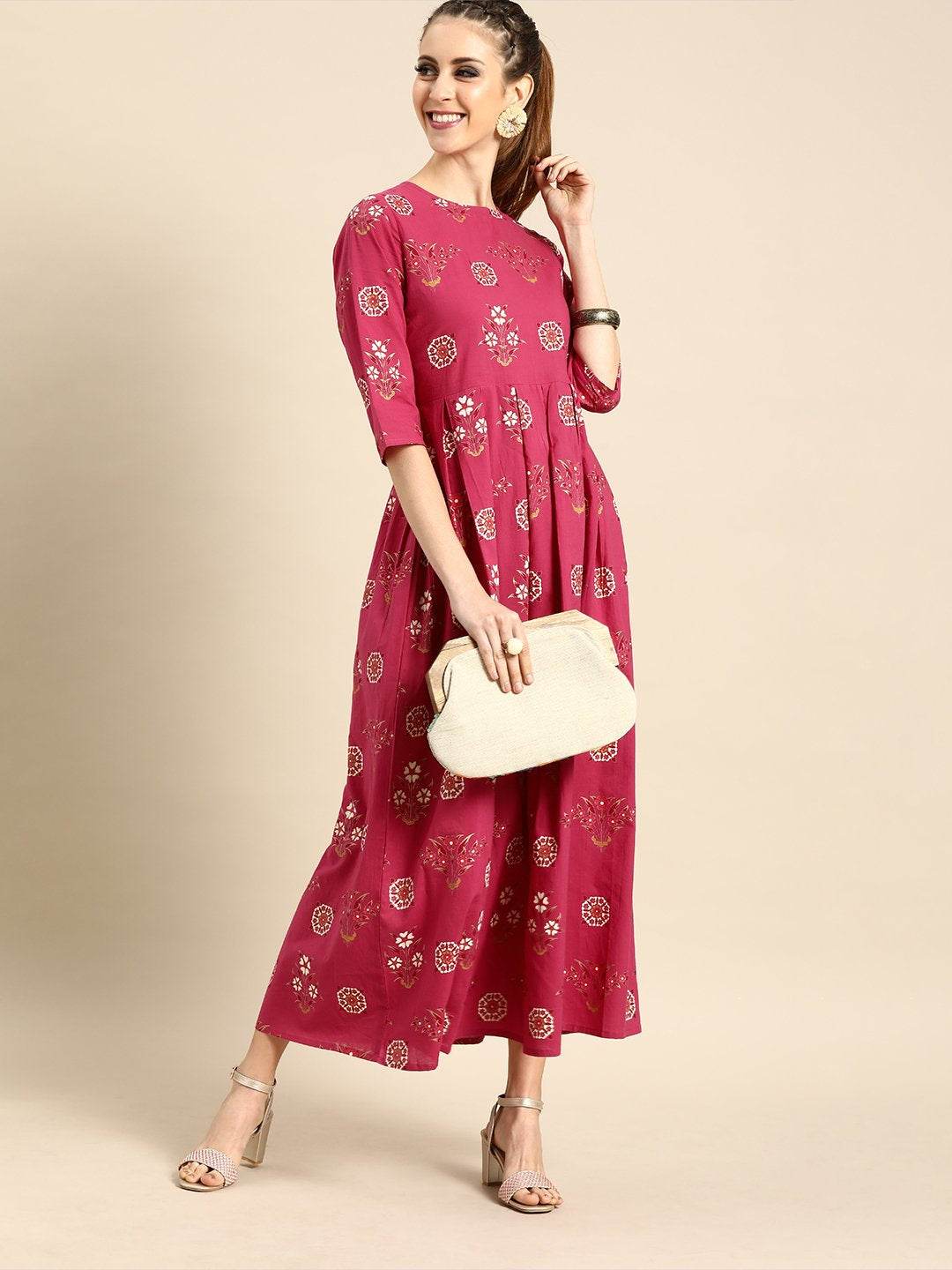 Women Magenta Floral Printed Round Neck A-Line Dress | LASVINI - Redefining Indian Fashion with Elegance