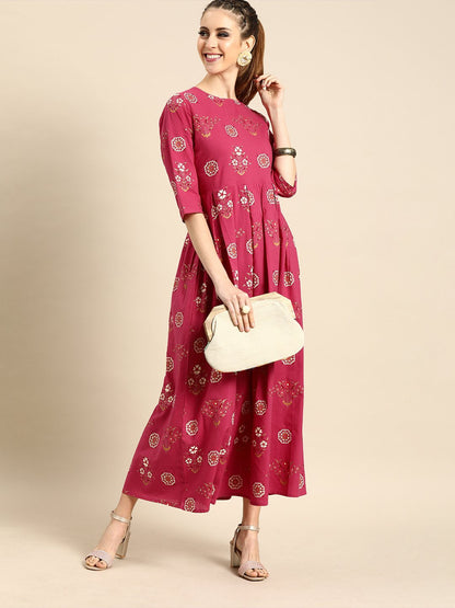 Women Magenta Floral Printed Round Neck A-Line Dress | LASVINI - Redefining Indian Fashion with Elegance