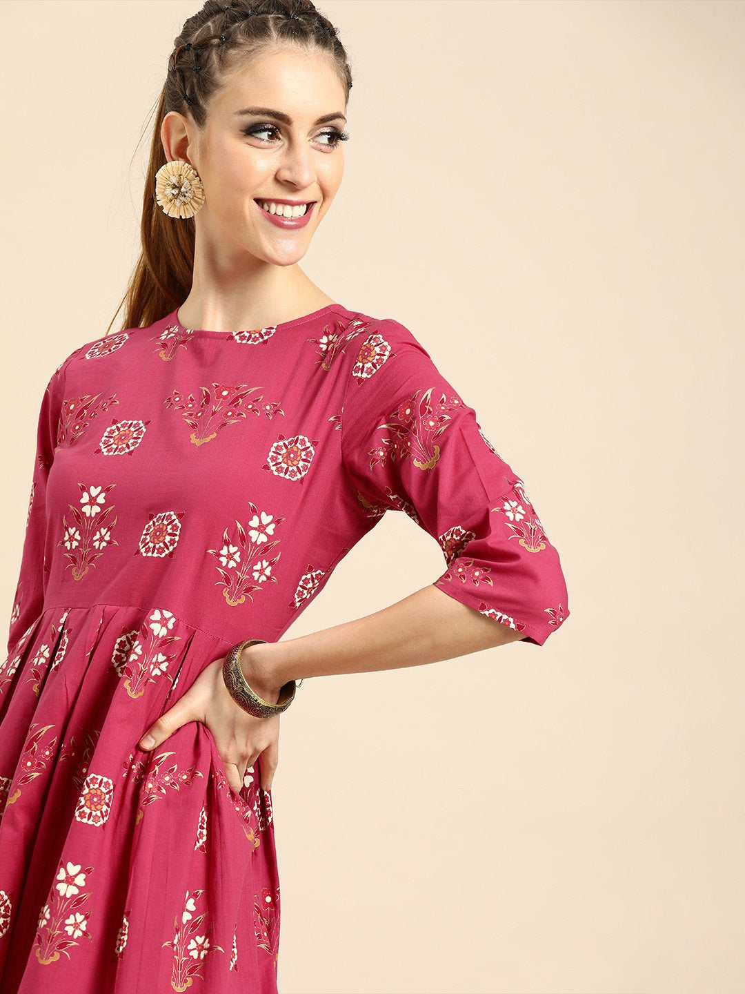 Women Magenta Floral Printed Round Neck A-Line Dress | LASVINI - Redefining Indian Fashion with Elegance