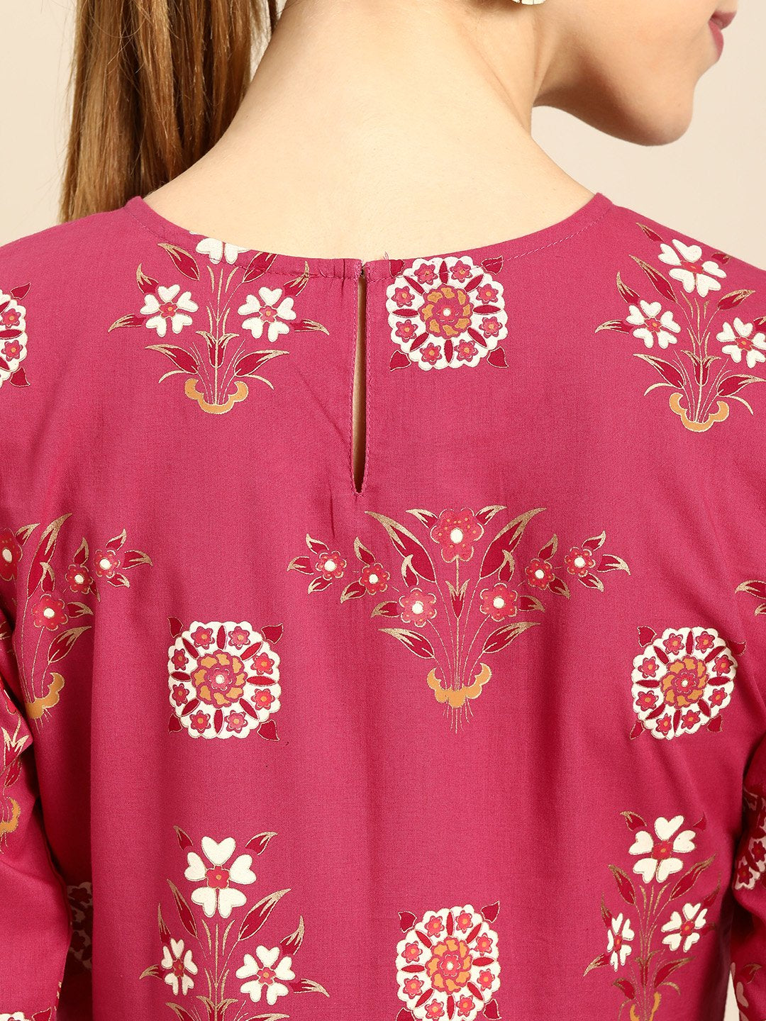 Women Magenta Floral Printed Round Neck A-Line Dress | LASVINI - Redefining Indian Fashion with Elegance