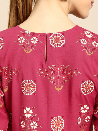 Women Magenta Floral Printed Round Neck A-Line Dress | LASVINI - Redefining Indian Fashion with Elegance