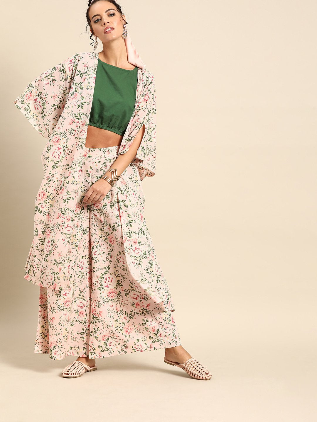 Women Baby Pink Pure Cotton Round Neck Crop Top With Palazzo And Cape | LASVINI - Redefining Indian Fashion with Elegance