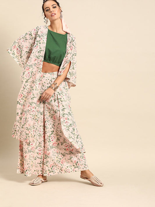 Women Baby Pink Pure Cotton Round Neck Crop Top With Palazzo And Cape | LASVINI - Redefining Indian Fashion with Elegance