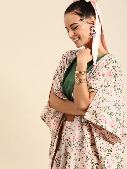 Women Baby Pink Pure Cotton Round Neck Crop Top With Palazzo And Cape | LASVINI - Redefining Indian Fashion with Elegance