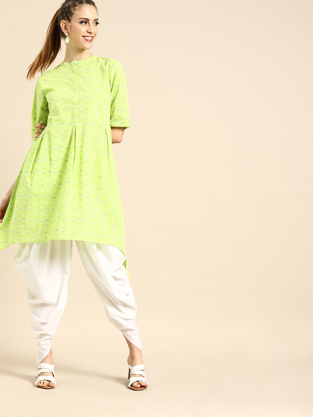 Women Lime Green Three-Quarter Sleeves Asymmetric Kurta With Dhoti Pants | LASVINI - Redefining Indian Fashion with Elegance