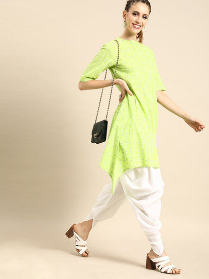 Women Lime Green Three-Quarter Sleeves Asymmetric Kurta With Dhoti Pants | LASVINI - Redefining Indian Fashion with Elegance