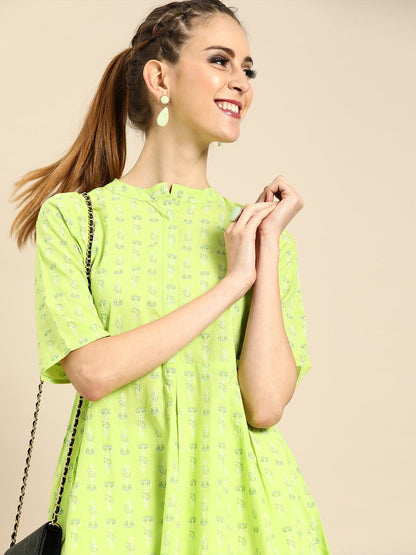 Women Lime Green Three-Quarter Sleeves Asymmetric Kurta With Dhoti Pants | LASVINI - Redefining Indian Fashion with Elegance