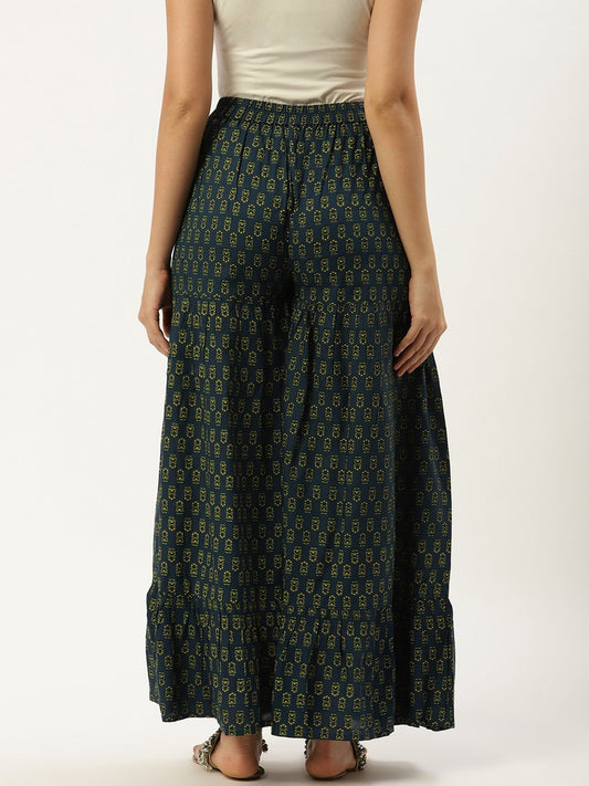 Women Teal Blue Floral Printed Cotton Flared Sharara | LASVINI - Redefining Indian Fashion with Elegance