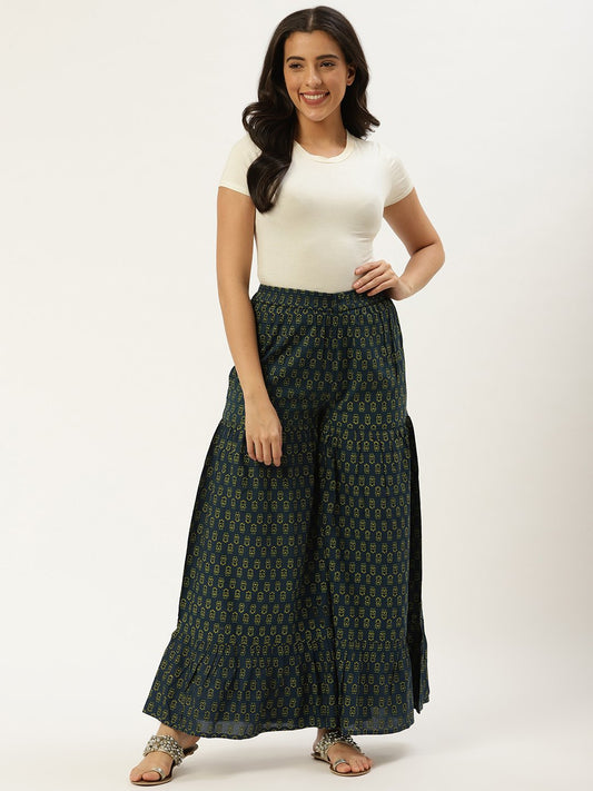 Women Teal Blue Floral Printed Cotton Flared Sharara | LASVINI - Redefining Indian Fashion with Elegance