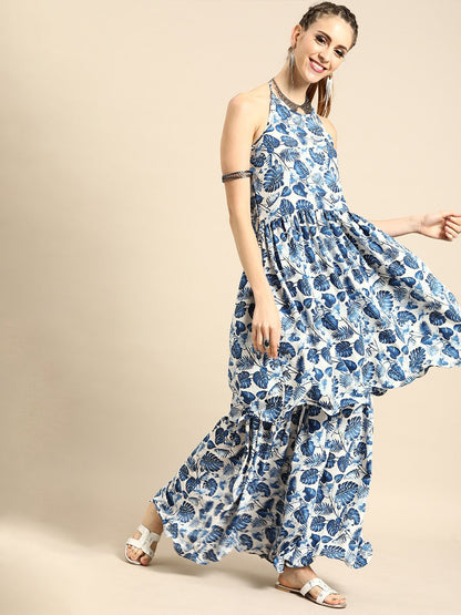 Women White Sleeveless Flared Gathered Kurta With Wired Peeko Sharara | LASVINI - Redefining Indian Fashion with Elegance