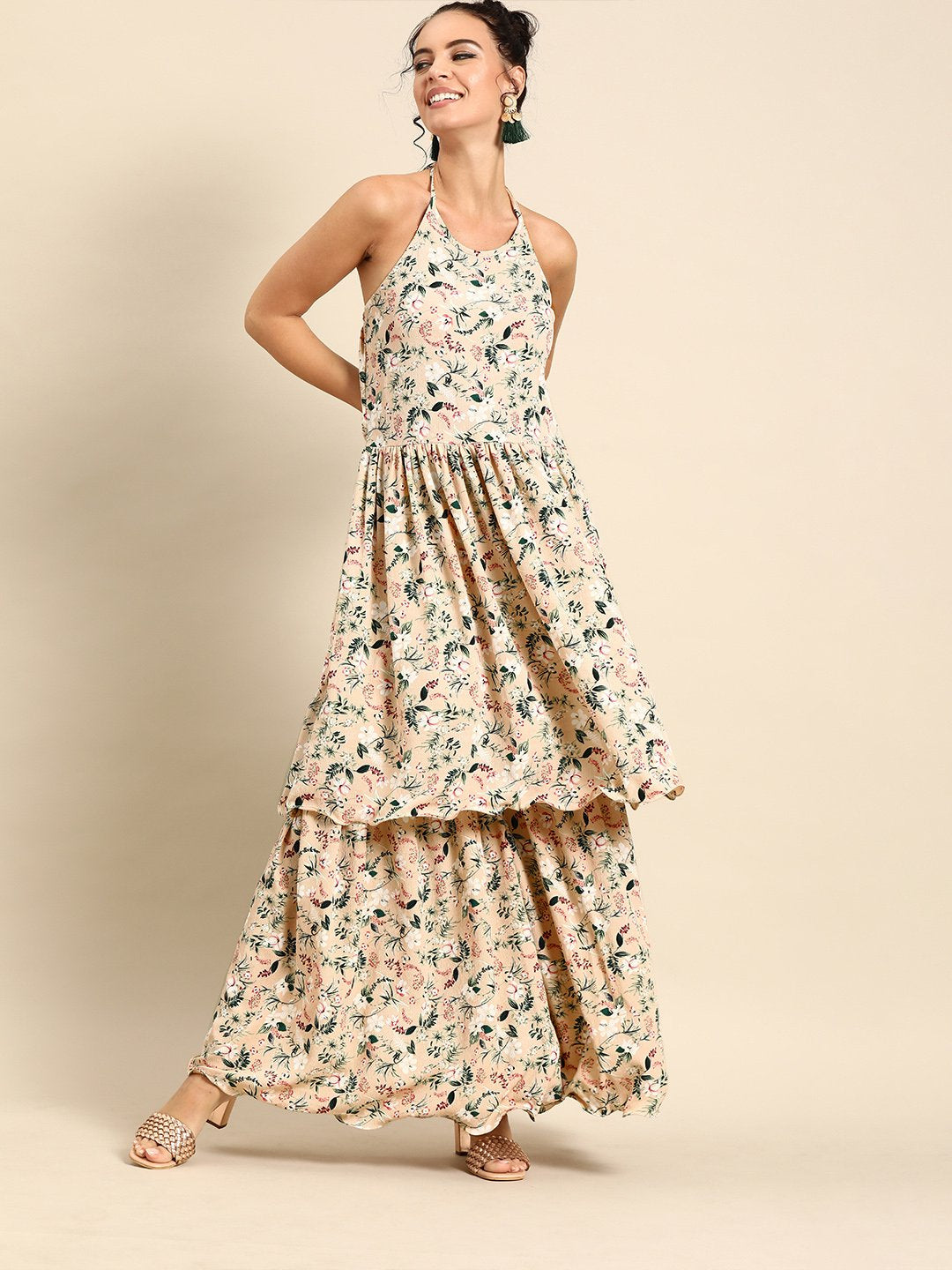 Women Beige Sleeveless Flared Gathered Kurta With Wired Peeko Sharara | LASVINI - Redefining Indian Fashion with Elegance