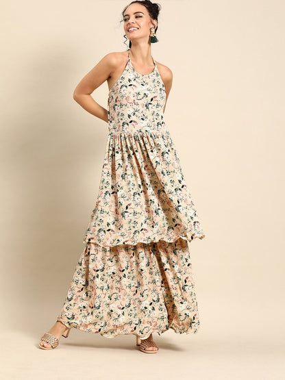 Women Beige Sleeveless Flared Gathered Kurta With Wired Peeko Sharara | LASVINI - Redefining Indian Fashion with Elegance