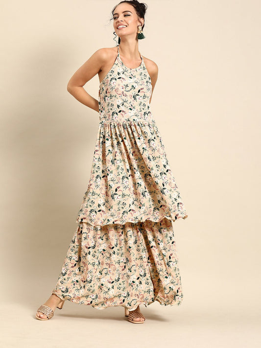 Women Beige Sleeveless Flared Gathered Kurta With Wired Peeko Sharara | LASVINI - Redefining Indian Fashion with Elegance